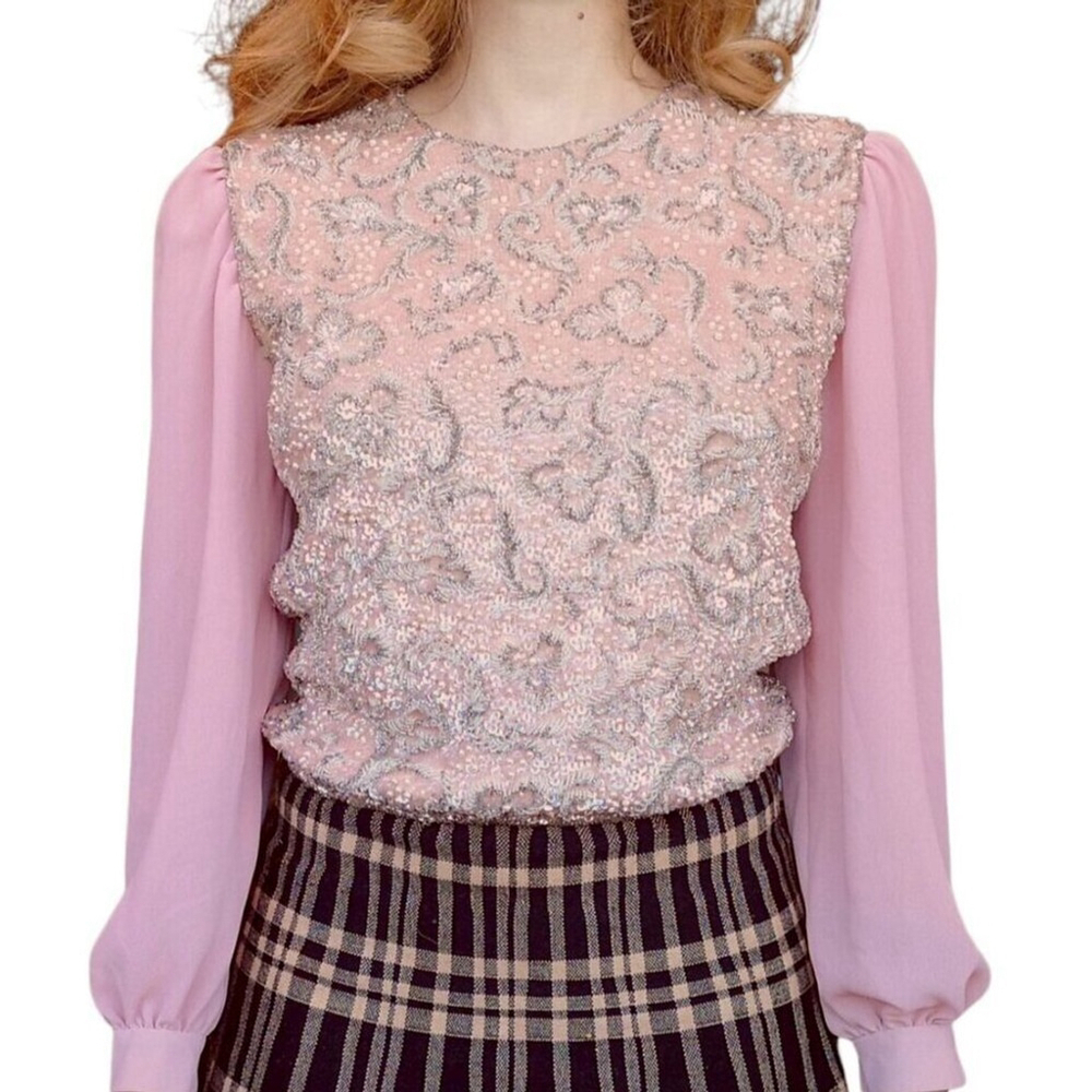 Vintage 60's Embroidered Blouse Top Pink Silver Puff Sleeve Sequin Luxury Small
